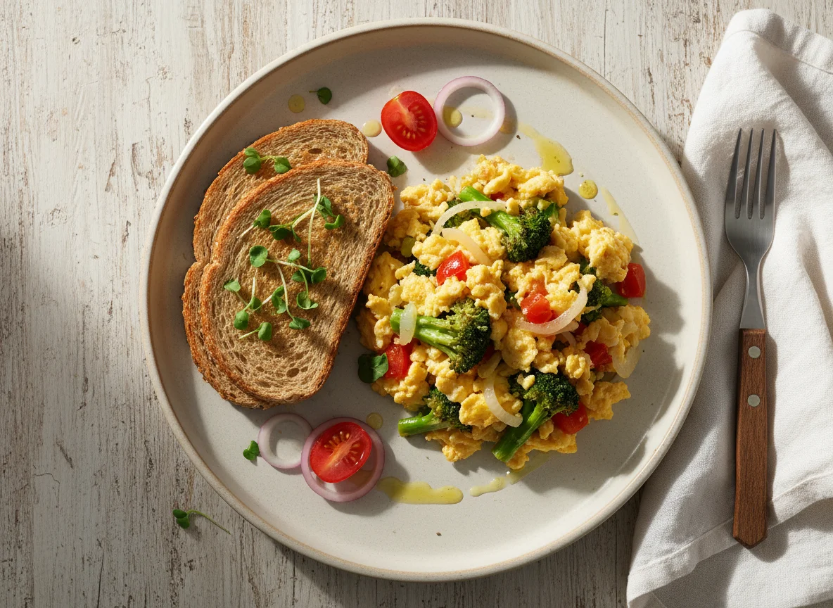 Huevos revueltos con brócoli y pan tostado photo