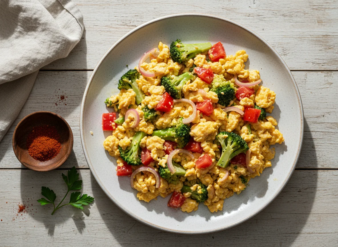 Huevos revueltos con brócoli y verduras photo