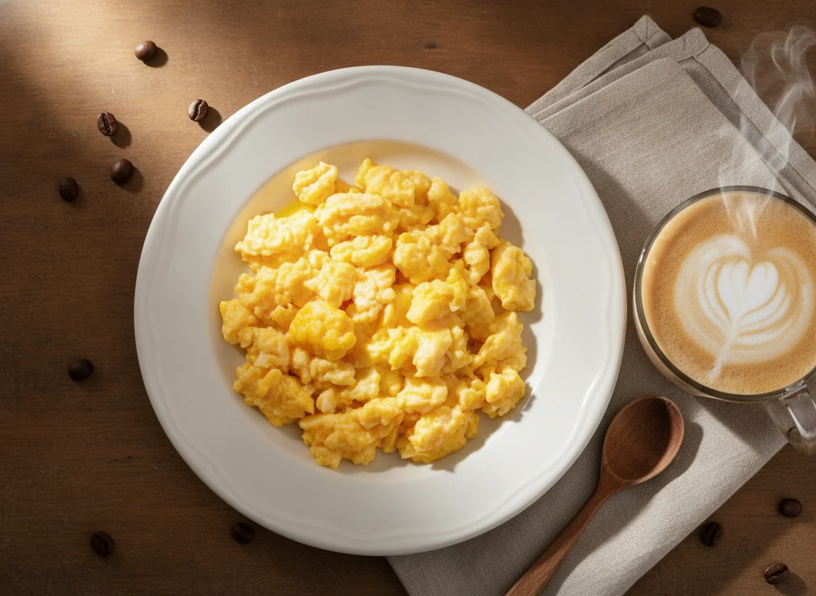 Huevos revueltos con café con leche photo