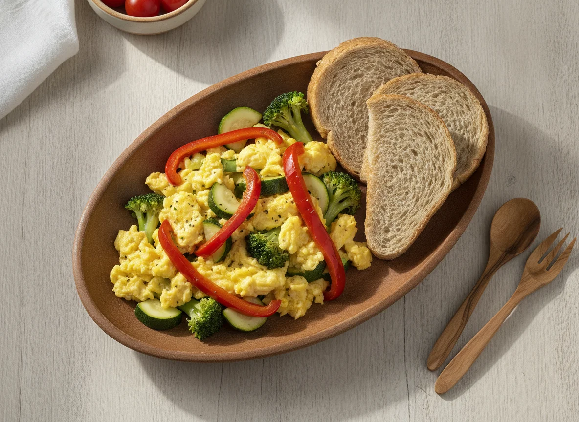 Huevos revueltos con calabacín, brócoli, pimiento asado y pan integral photo