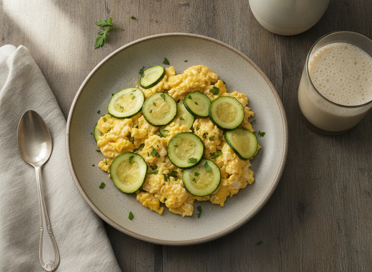 Huevos revueltos con calabacín y batido de proteínas photo