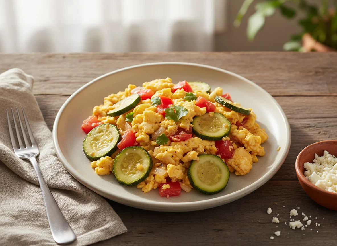 Huevos revueltos con calabacitas y tomate photo