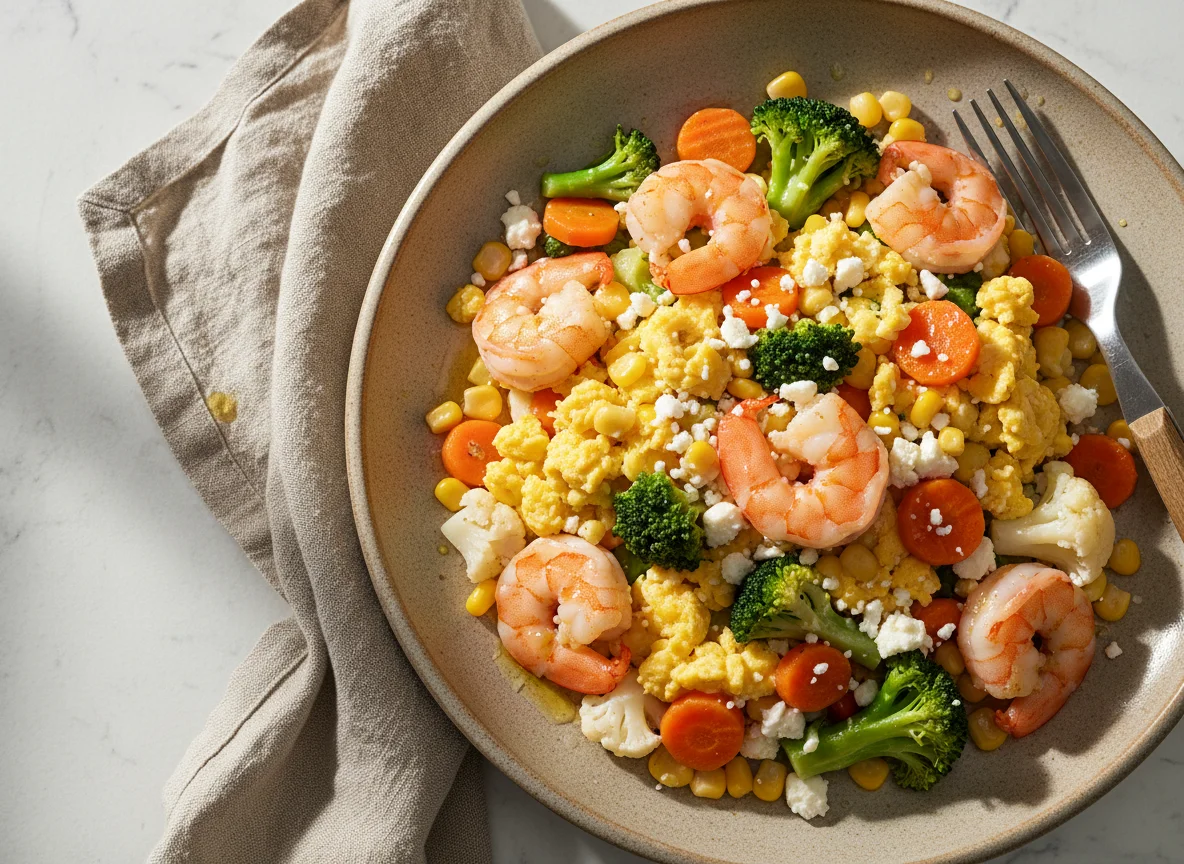 Huevos revueltos con camarones y vegetales mixtos photo