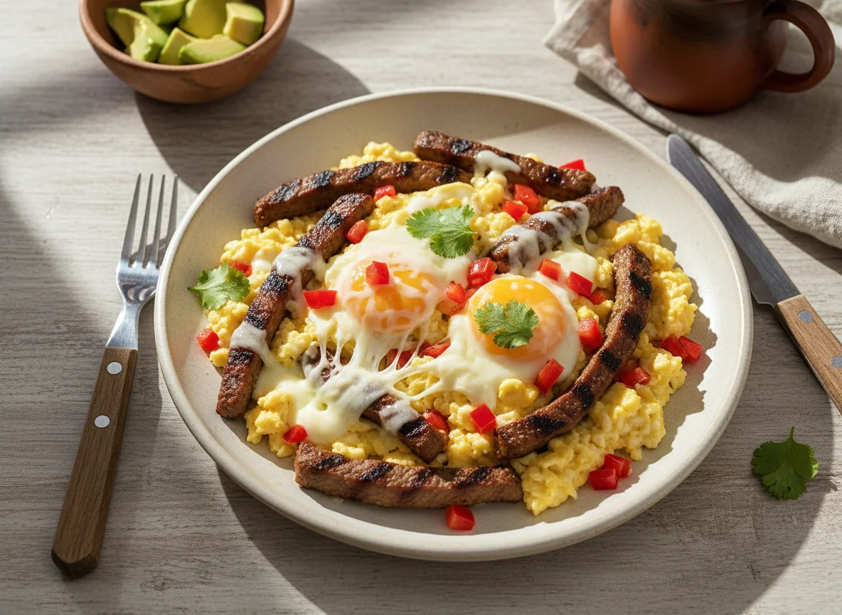 Huevos revueltos con carne asada photo