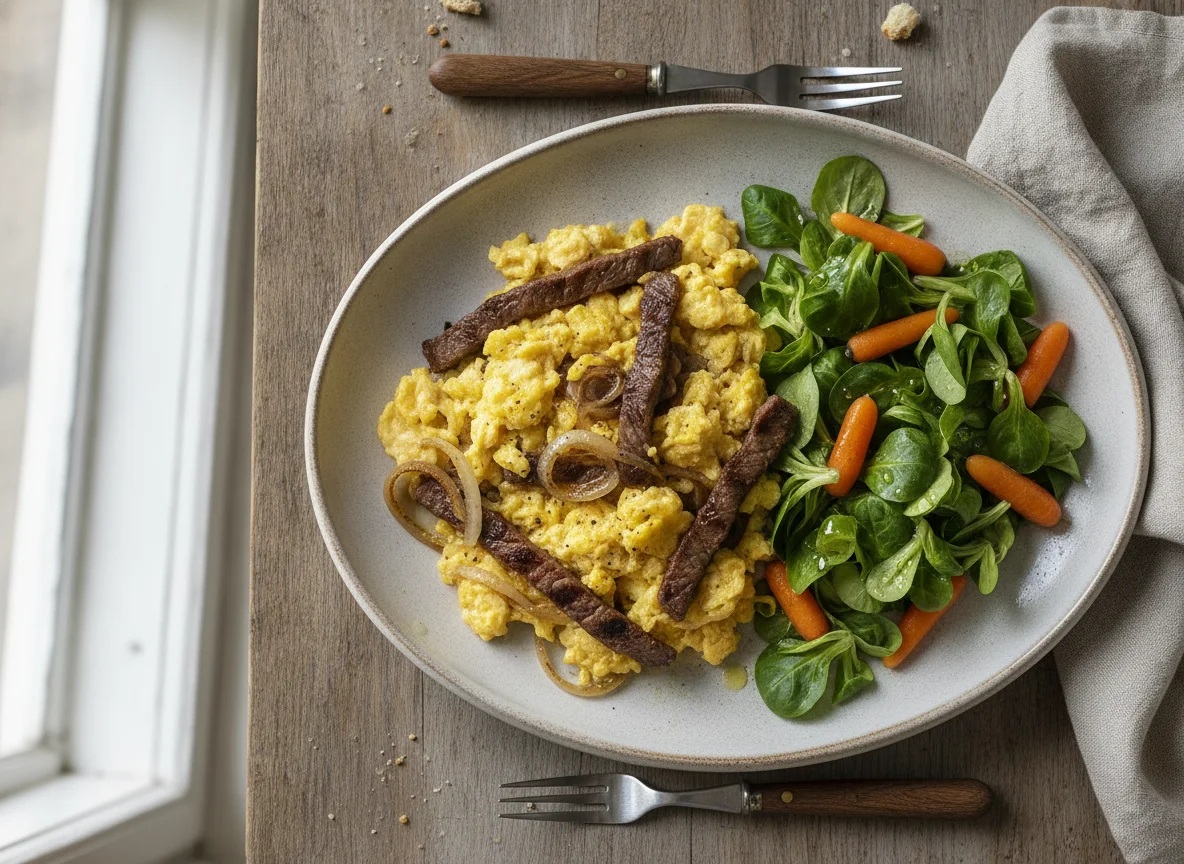 Huevos revueltos con carne, cebolla y ensalada photo