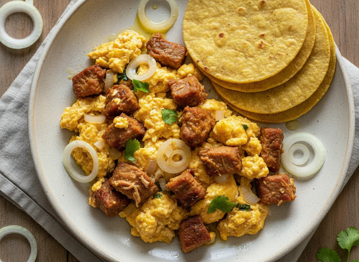 Huevos revueltos con carne de cerdo y tortillas photo