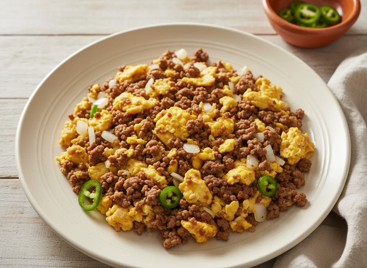 Huevos revueltos con carne molida photo