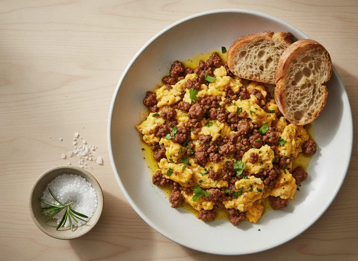 Huevos revueltos con carne picada photo