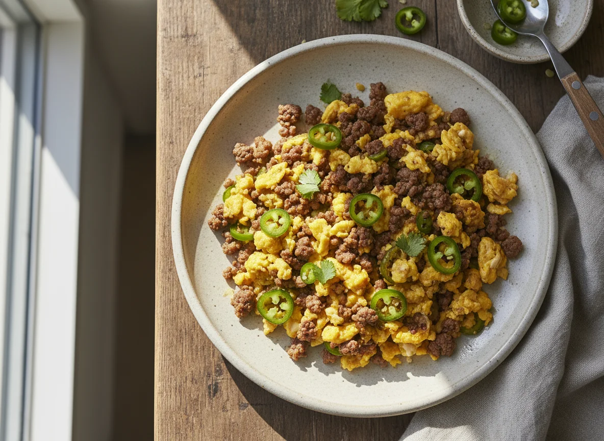 Huevos revueltos con carne y chile photo