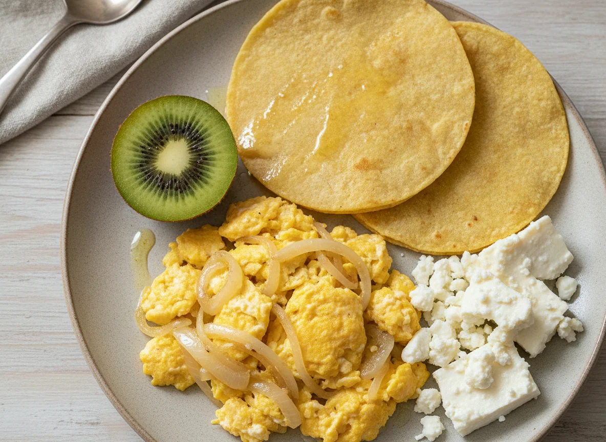 Huevos revueltos con cebolla, tortilla, kiwi y queso fresco photo