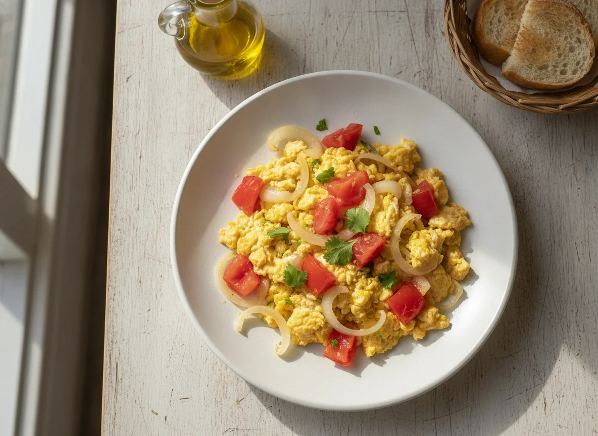 Huevos revueltos con cebolla y tomate photo