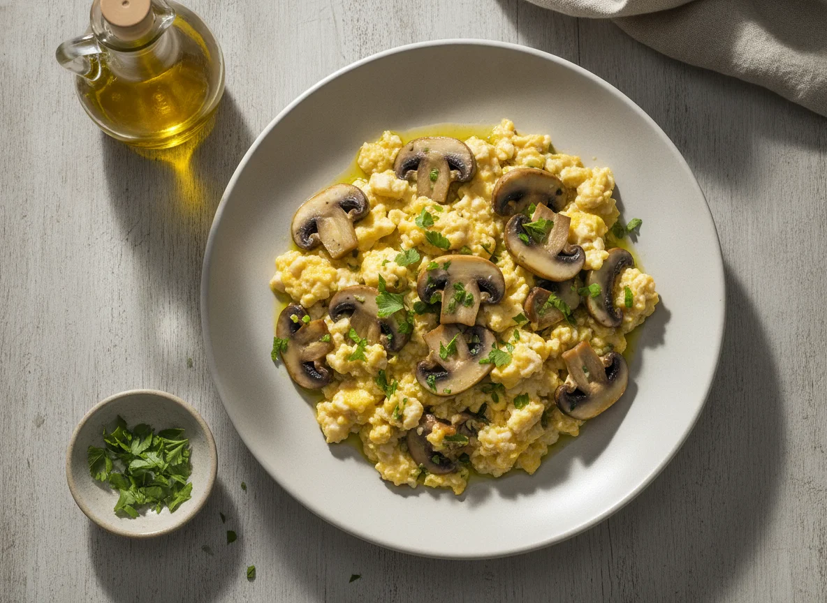 Huevos revueltos con champiñones photo