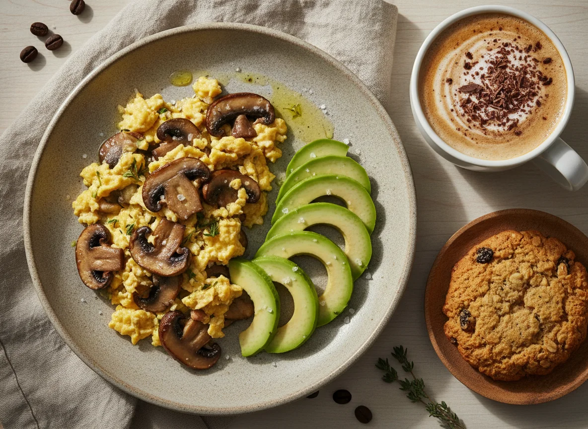 Huevos revueltos con champiñones, aguacate y café con galleta photo