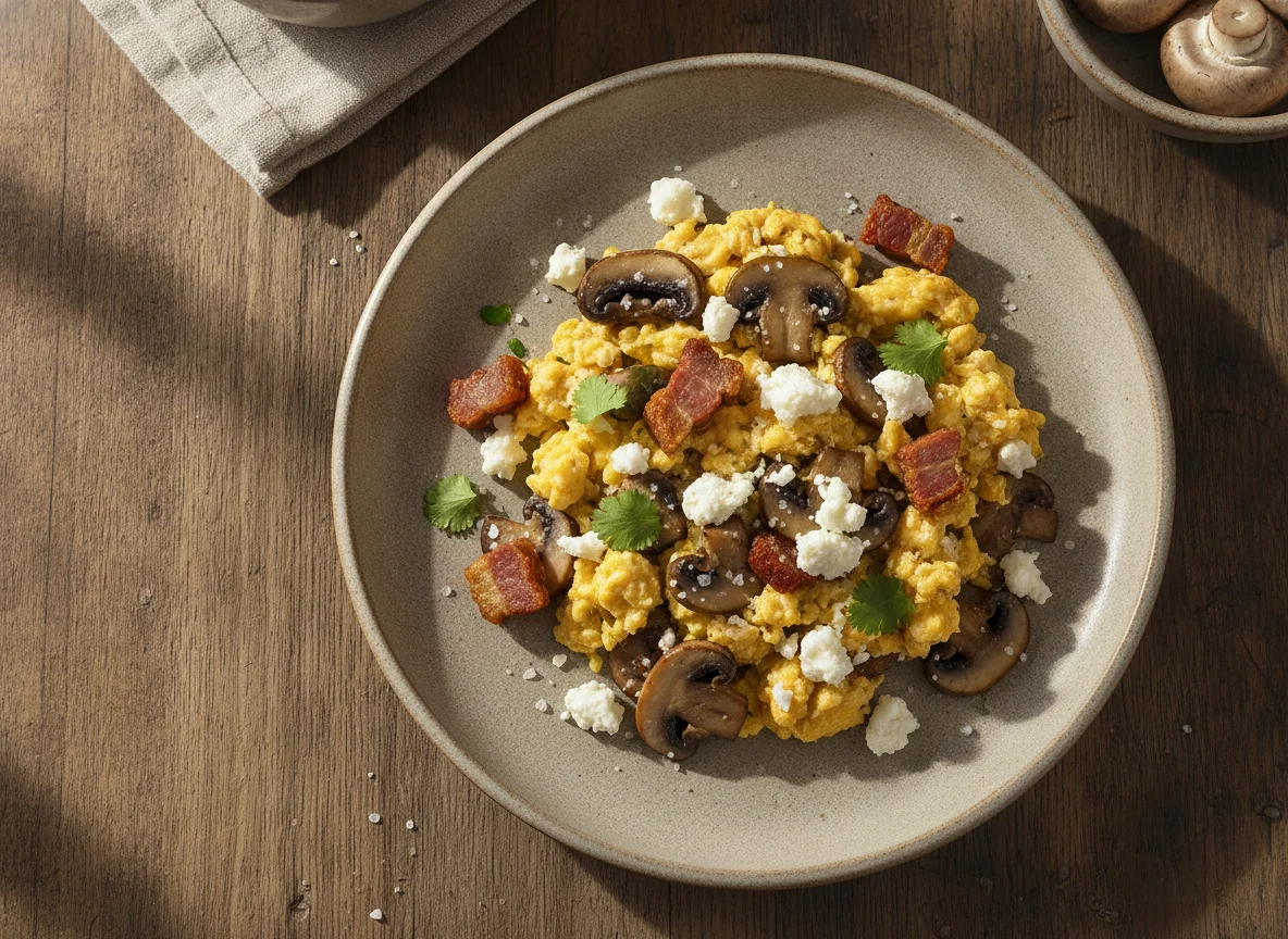 Huevos revueltos con champiñones, queso fresco y chicharrón photo