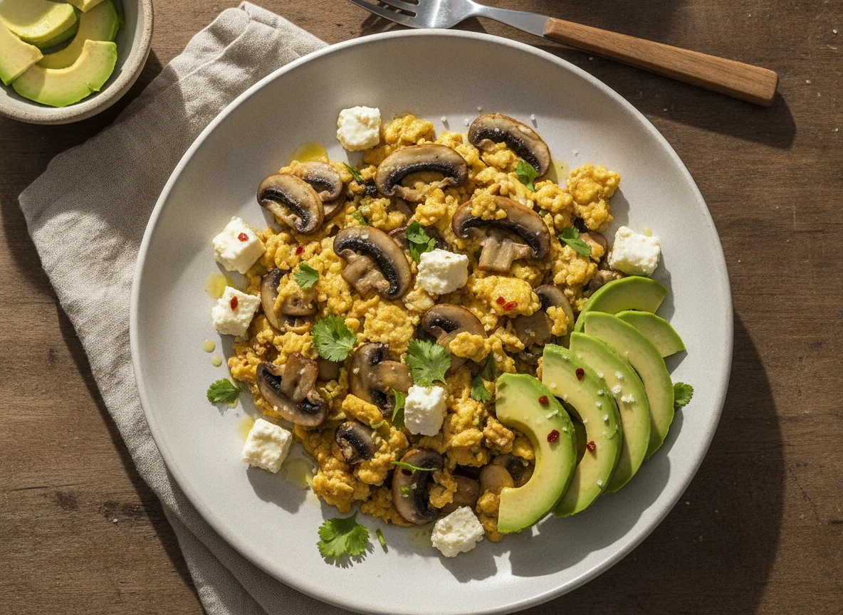 Huevos revueltos con champiñones, queso panela y aguacate photo