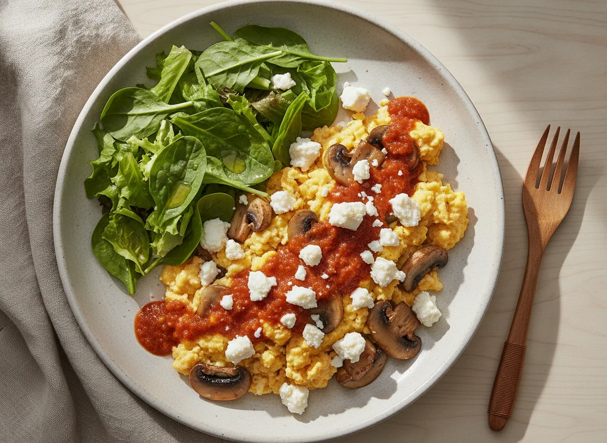 Huevos revueltos con champiñones, queso panela y ensalada photo