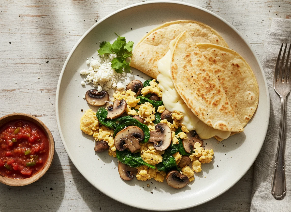 Huevos revueltos con champiñones y espinacas, con quesadilla photo
