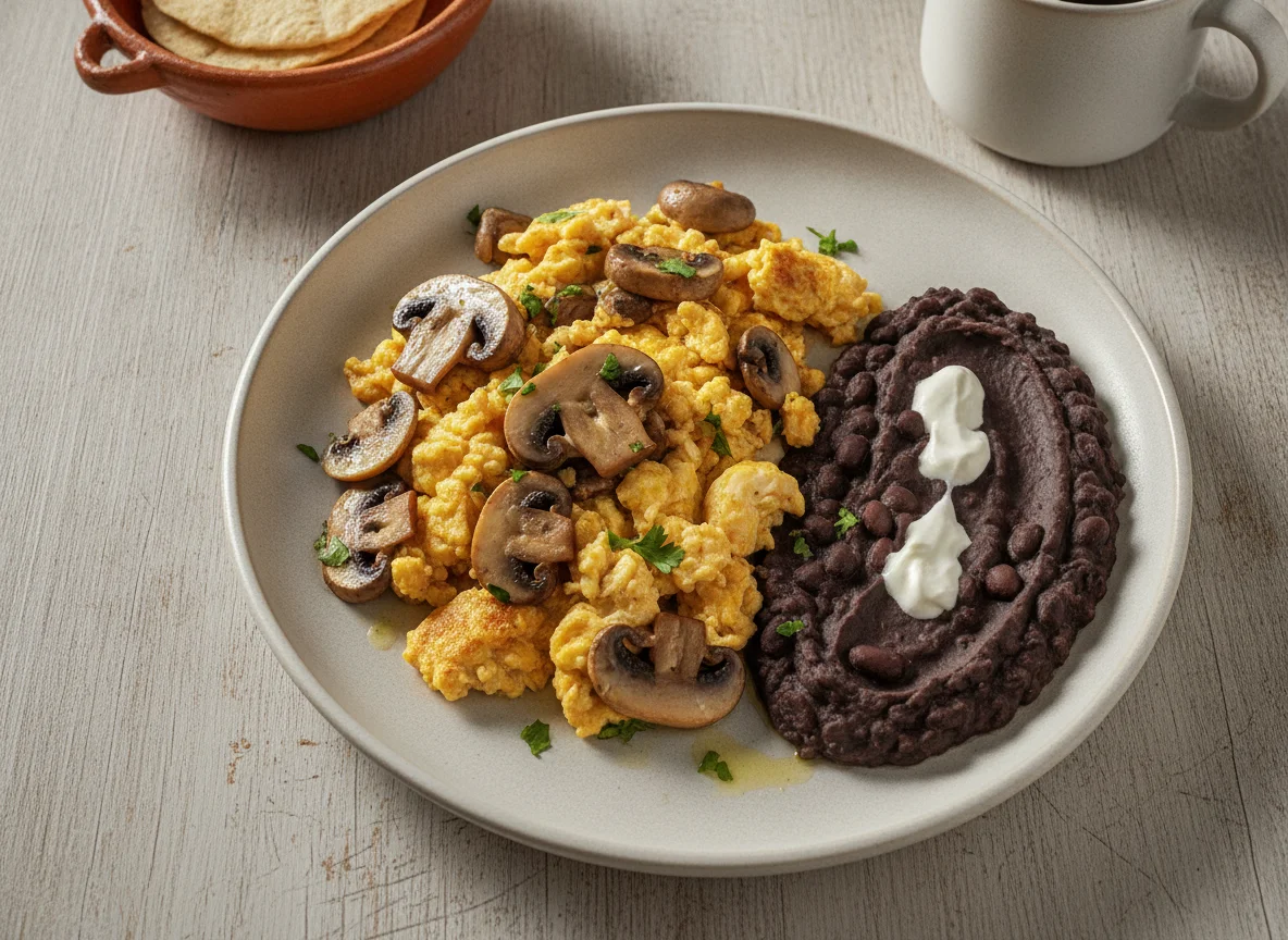 Huevos revueltos con champiñones y frijoles negros photo