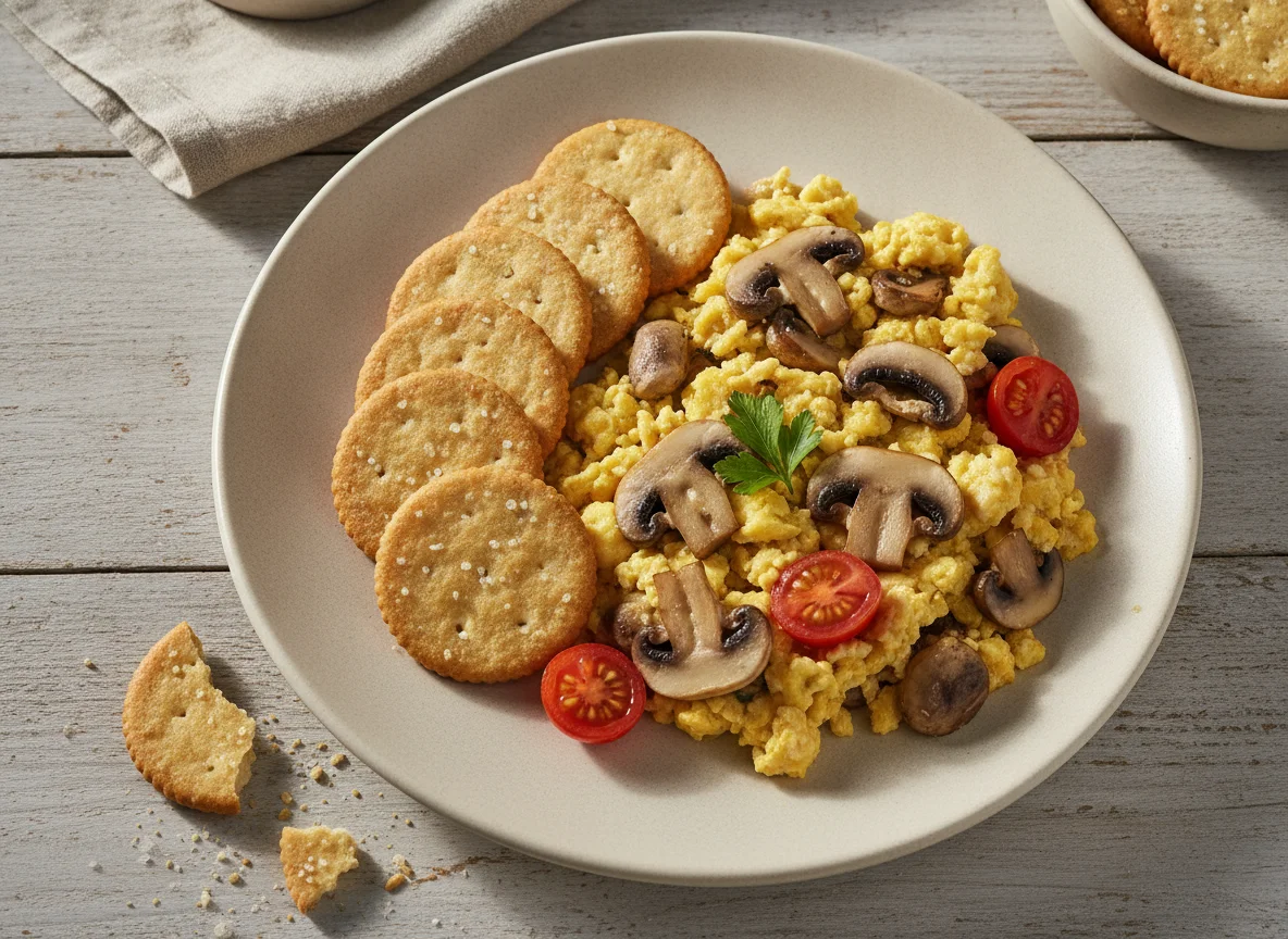 Huevos revueltos con champiñones y galleta salada photo