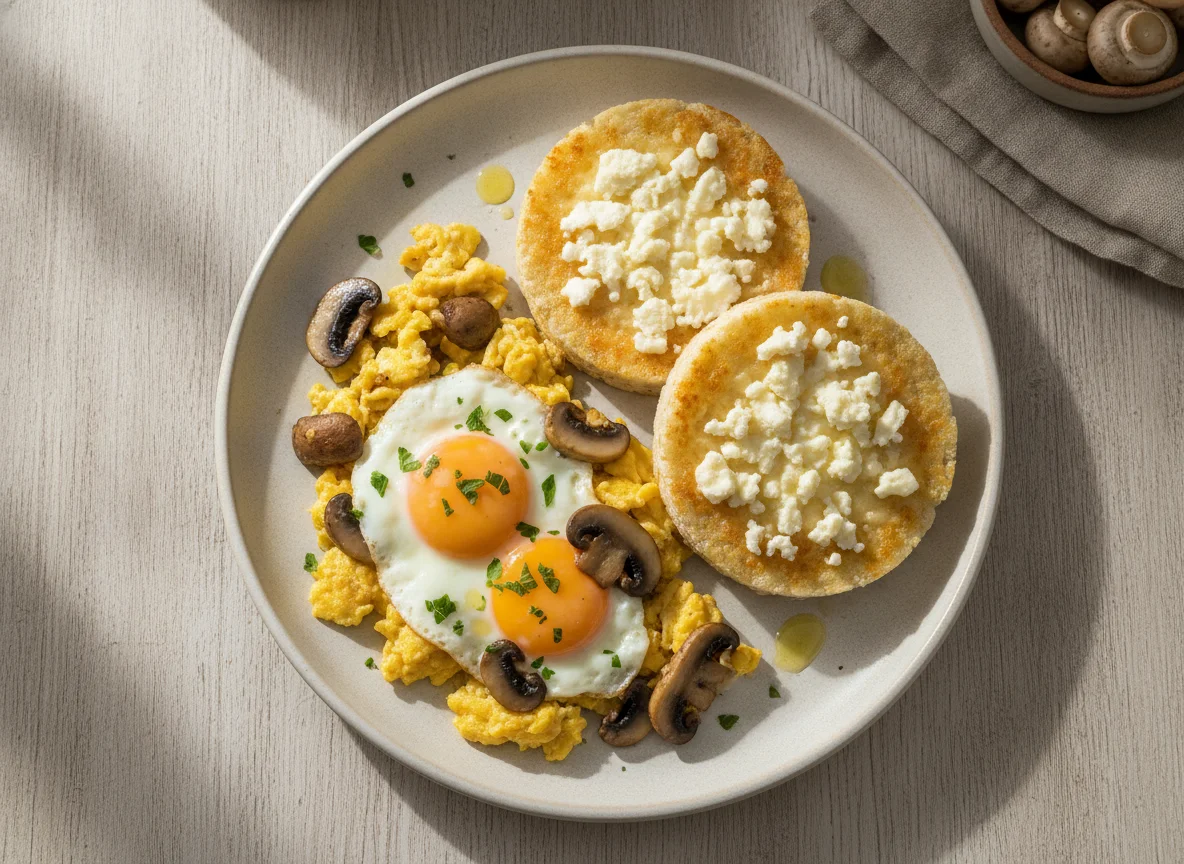 Huevos revueltos con champiñones y pan de arroz con queso photo