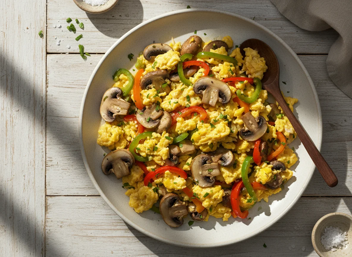 Huevos revueltos con champiñones y pimientos photo