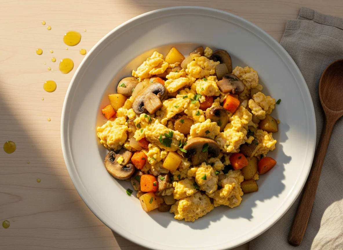 Huevos revueltos con champiñones y vegetales photo