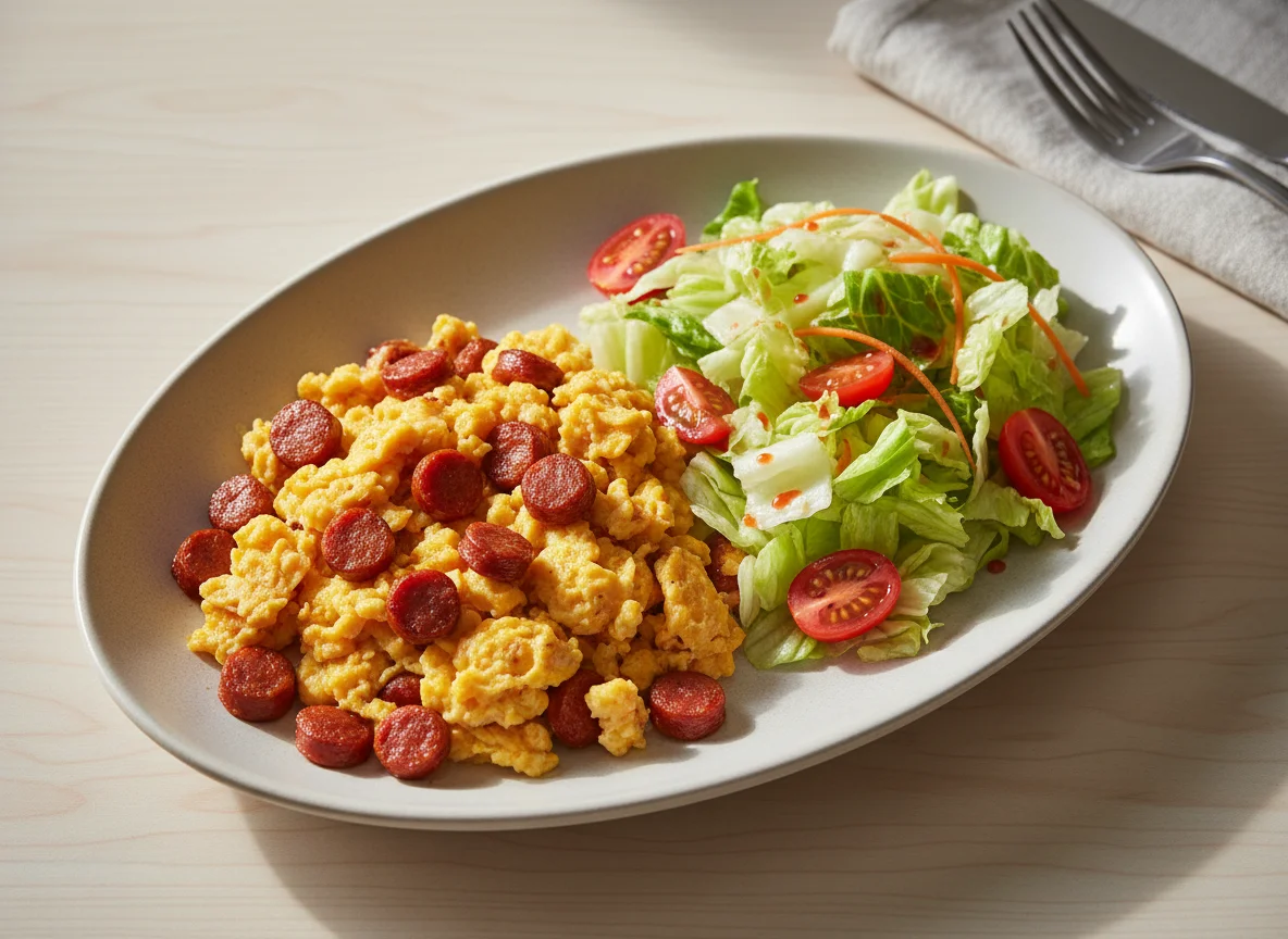 Huevos revueltos con chorizo y ensalada photo