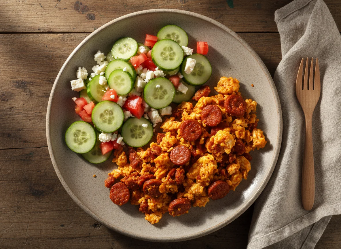 Huevos revueltos con chorizo y ensalada de nopal con jitomate photo
