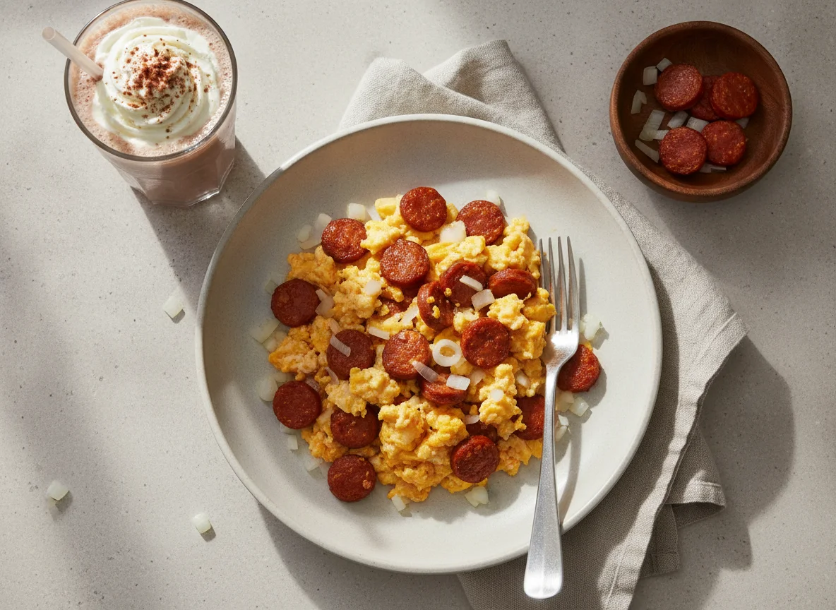 Huevos revueltos con chorizo y licuado de chocolate photo