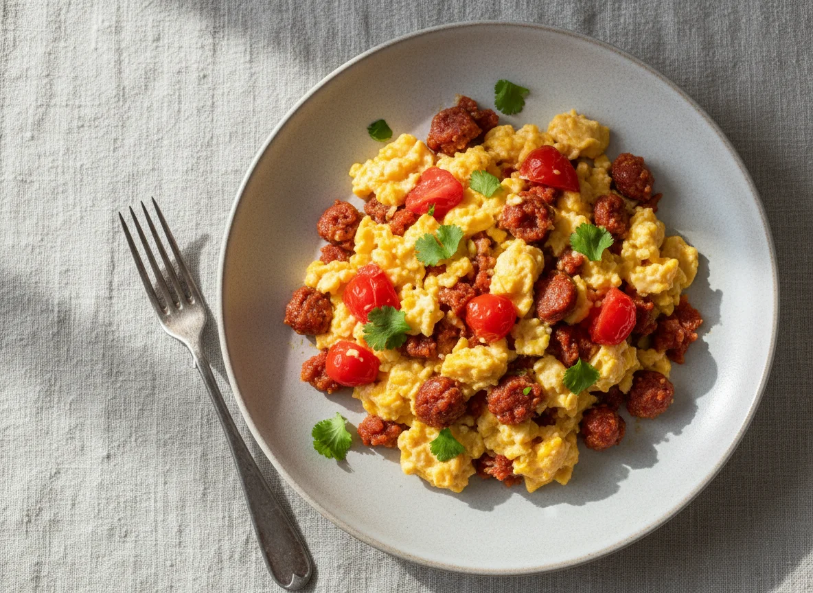 Huevos revueltos con chorizo y tomate photo