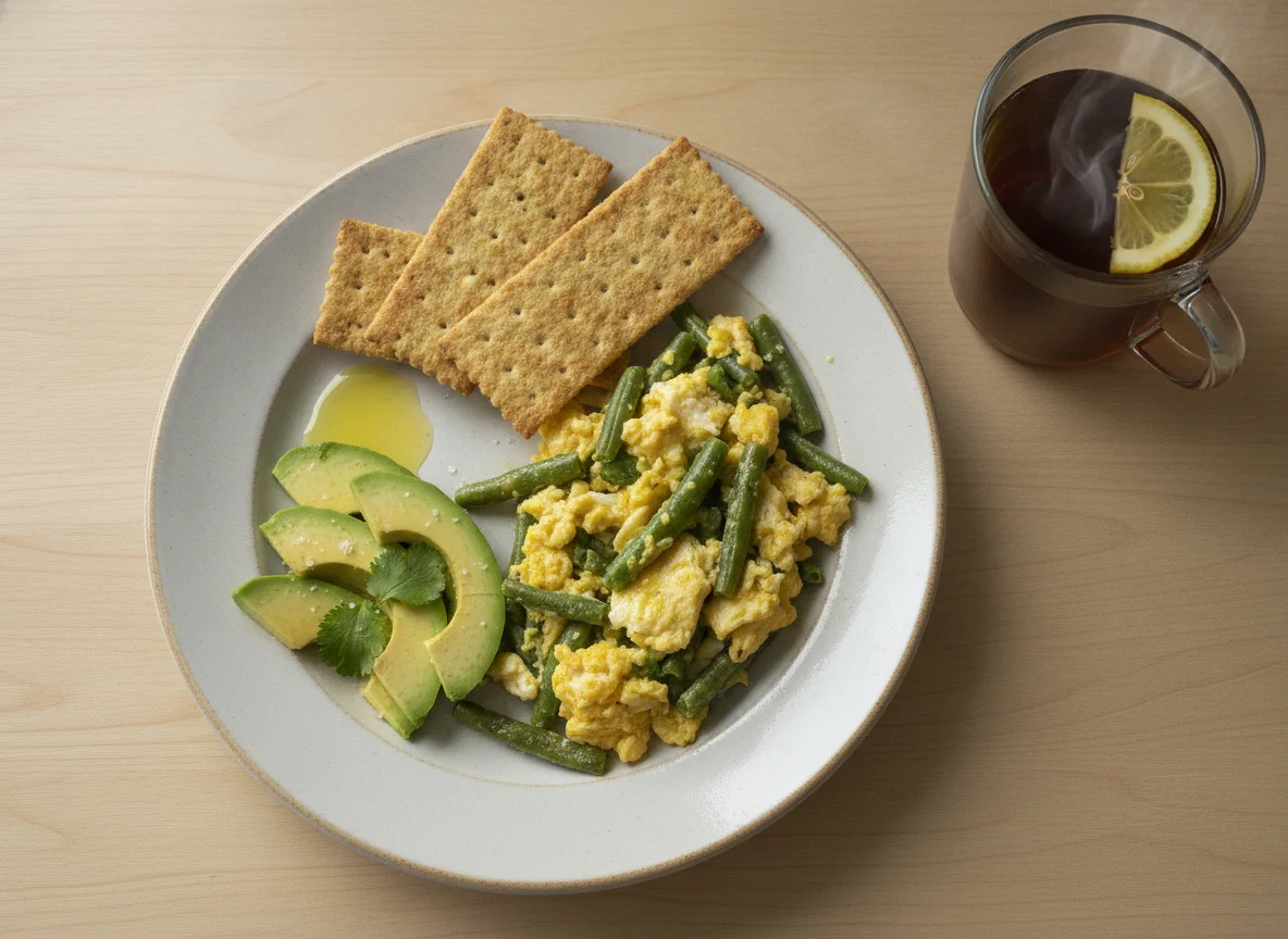 Huevos revueltos con ejotes, aguacate y tostadas Salmas photo