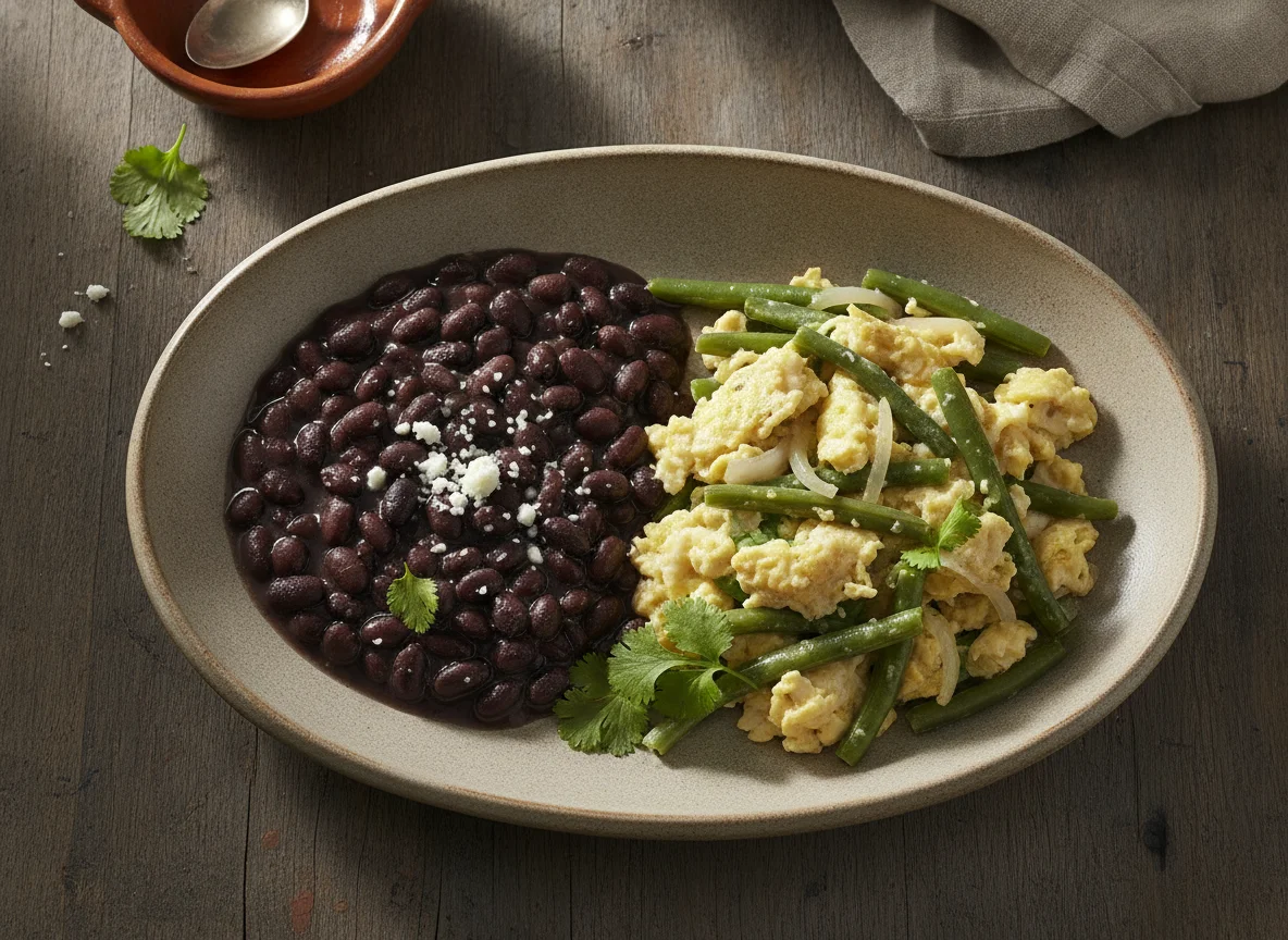 Huevos revueltos con ejotes y frijoles negros photo