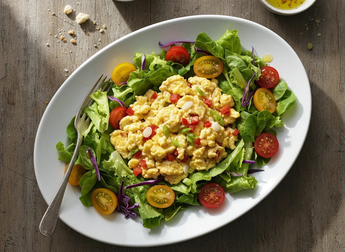 Huevos revueltos con ensalada photo