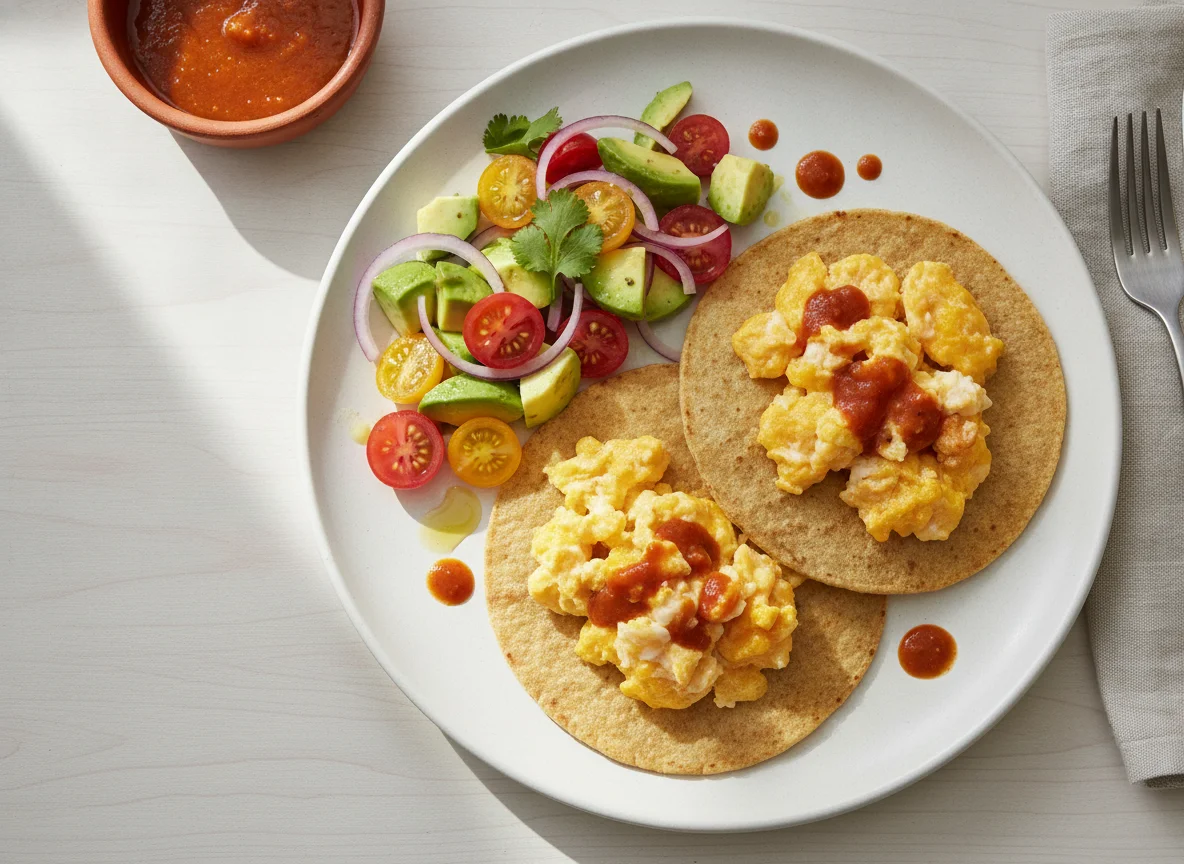 Huevos revueltos con ensalada de aguacate y jitomate sobre tortilla photo