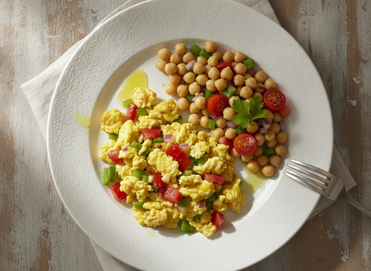 Huevos revueltos con ensalada de garbanzos photo