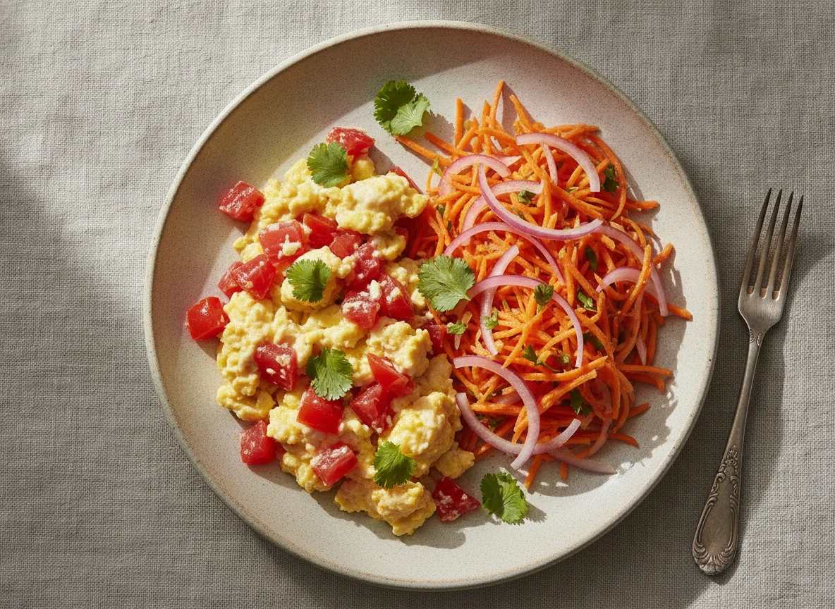 Huevos revueltos con ensalada de zanahoria y cebolla photo