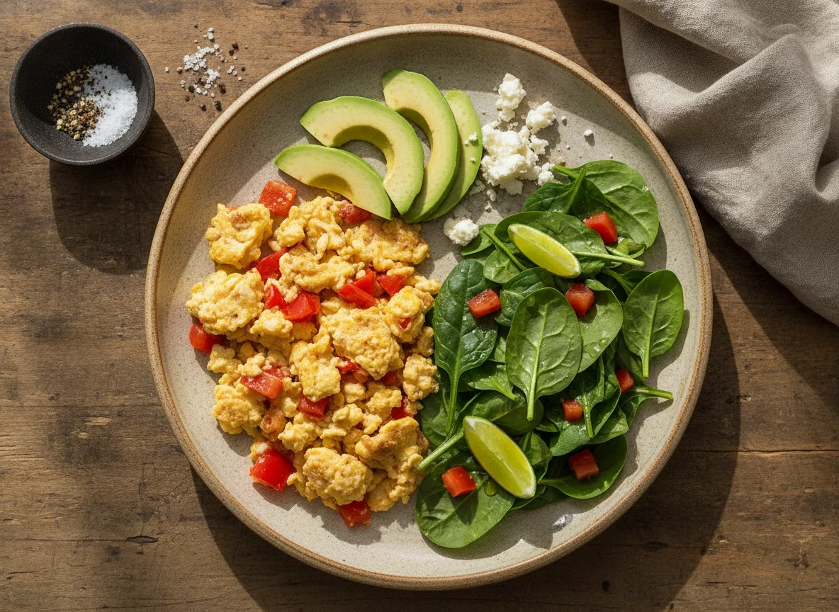 Huevos revueltos con ensalada fresca, aguacate y queso photo