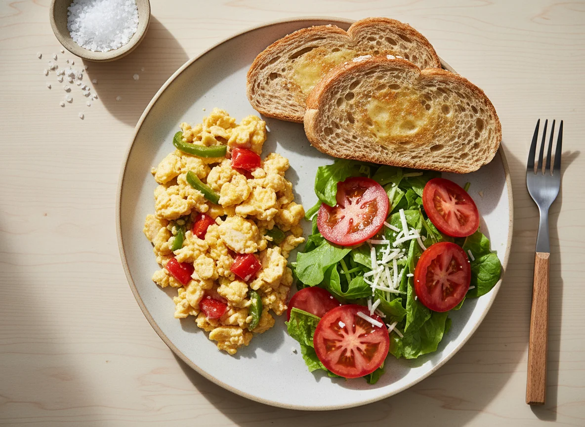 Huevos revueltos con ensalada y tostada photo