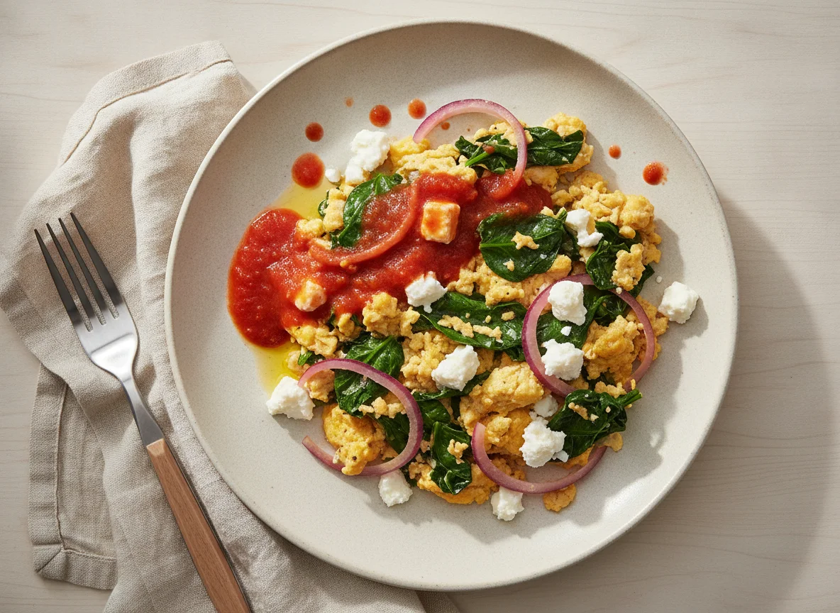 Huevos revueltos con espinacas, cebolla y queso fresco photo