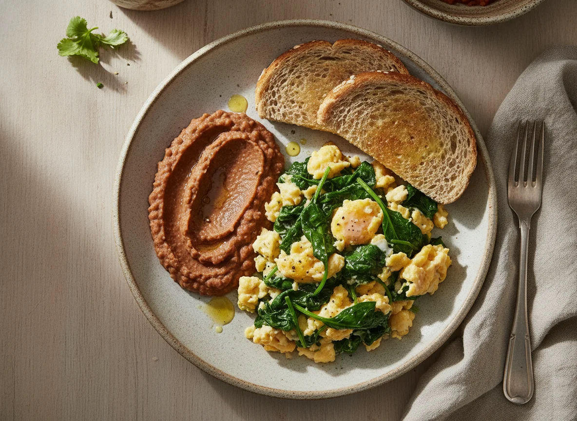 Huevos revueltos con espinacas, frijoles refritos y pan tostado photo
