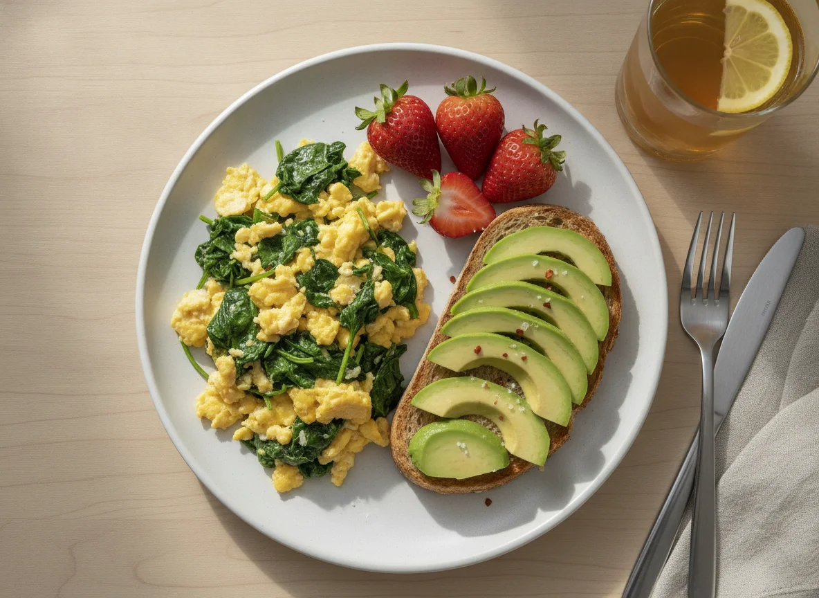 Huevos revueltos con espinacas, pan tostado con aguacate y fresas photo