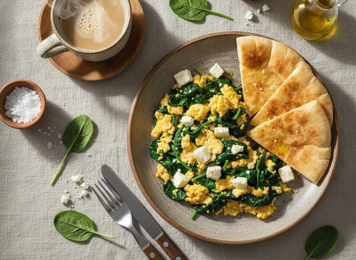 Huevos revueltos con espinacas, queso y pan pita photo