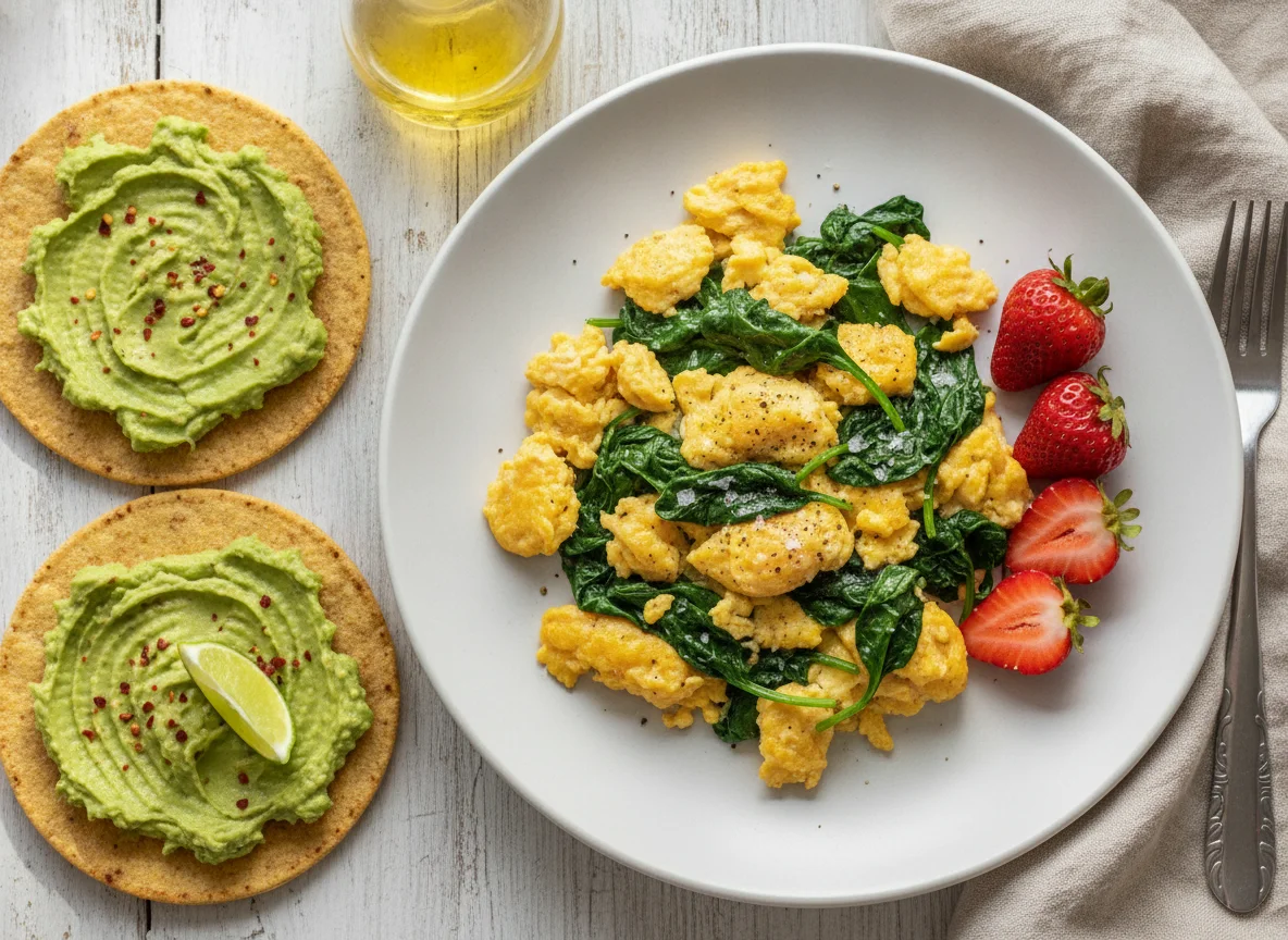 Huevos revueltos con espinacas, tostadas de aguacate y fresas photo