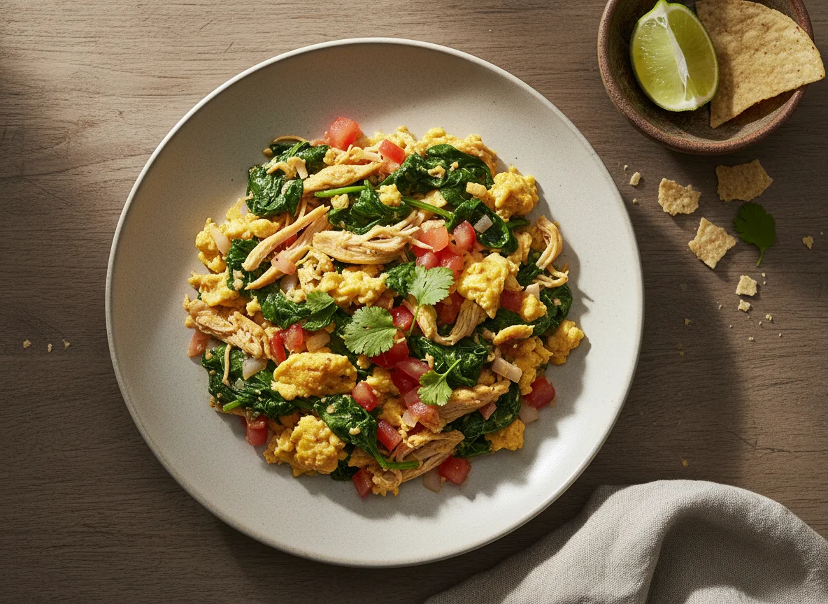 Huevos revueltos con espinacas y pollo deshebrado a la mexicana photo
