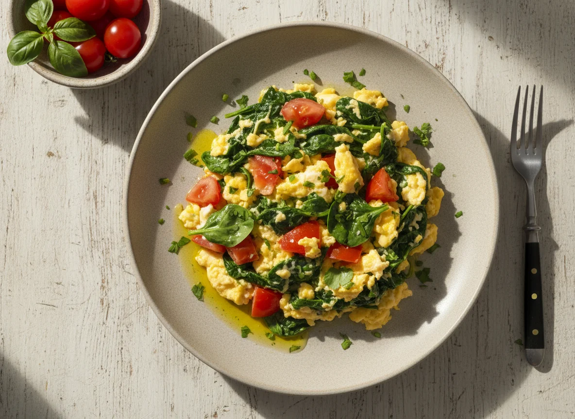 Huevos revueltos con espinacas y tomate photo