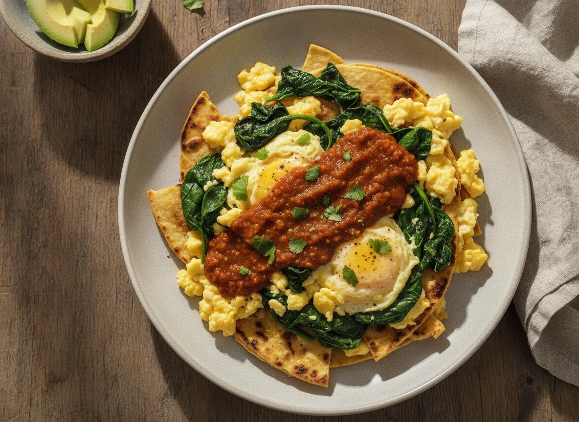Huevos revueltos con espinacas y tortilla photo