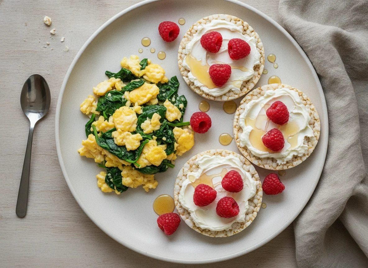Huevos revueltos con espinacas y tortitas de arroz con frambuesas photo