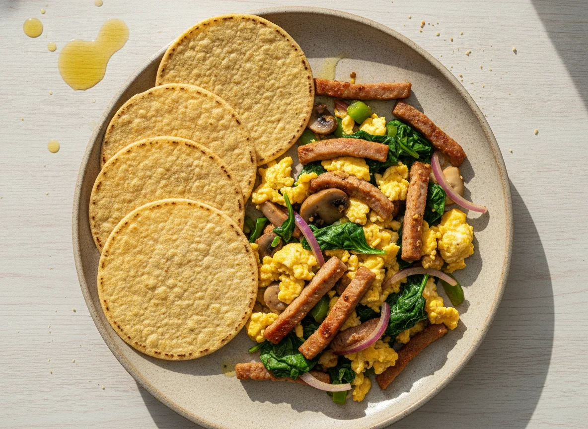 Huevos revueltos con fajitas de cerdo, espinacas y tostadas Salmas photo