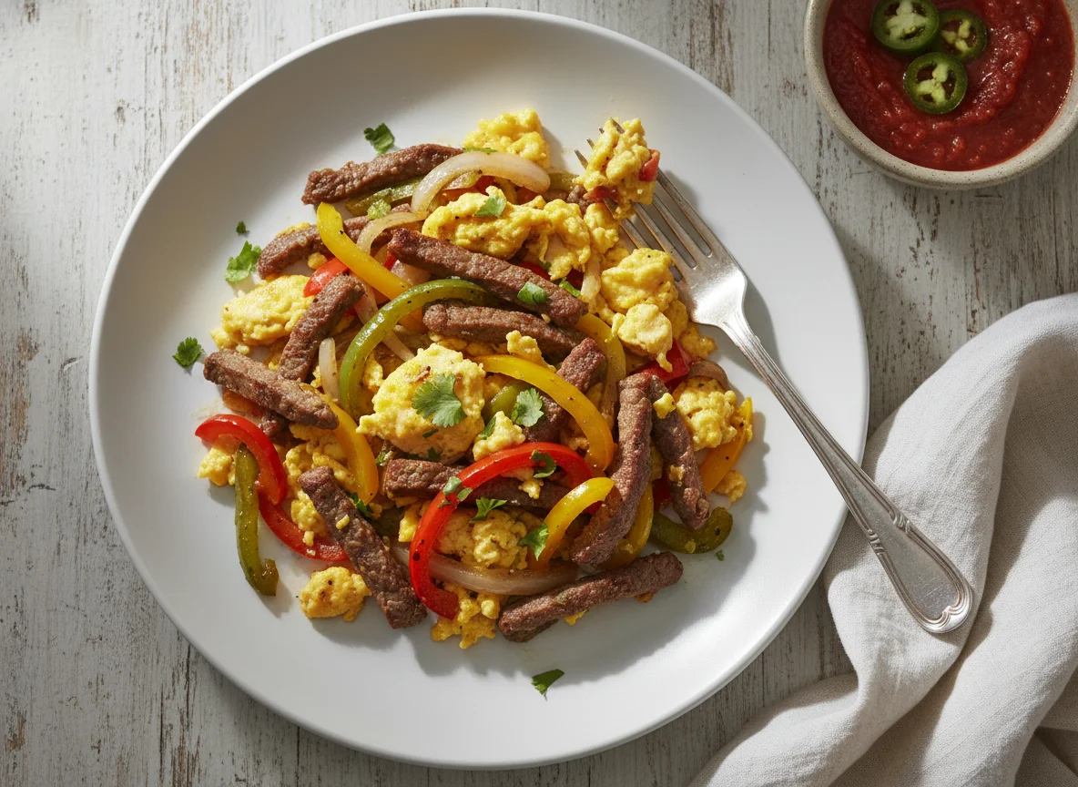 Huevos revueltos con fajitas de res y pimientos photo