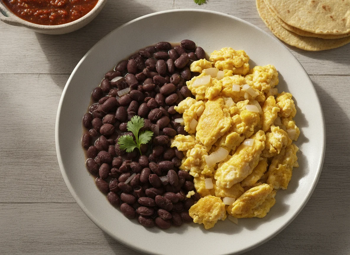 Huevos revueltos con frijoles de la olla photo
